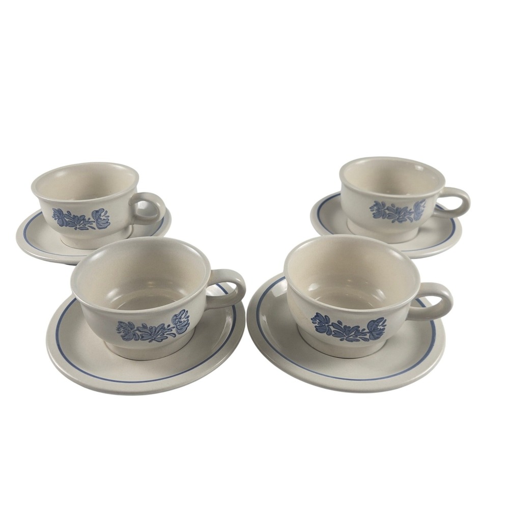 Vintage Pfaltzgraff Yorktowne 4 Cup & Saucer Sets Blue Floral Stoneware USA